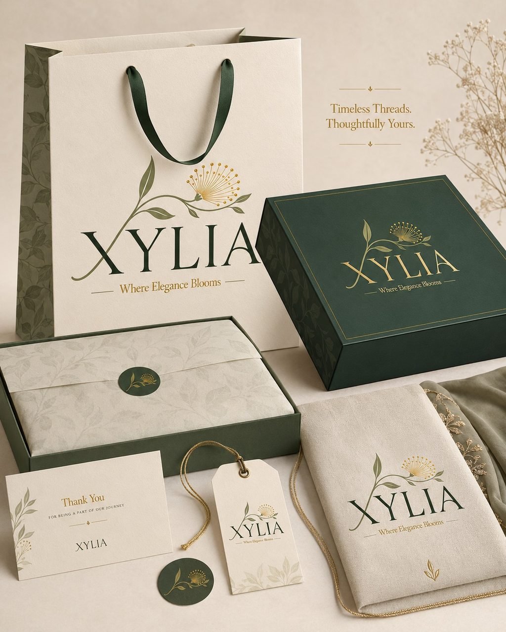 Xylia boxes, tissue, ribbon and thank-you card